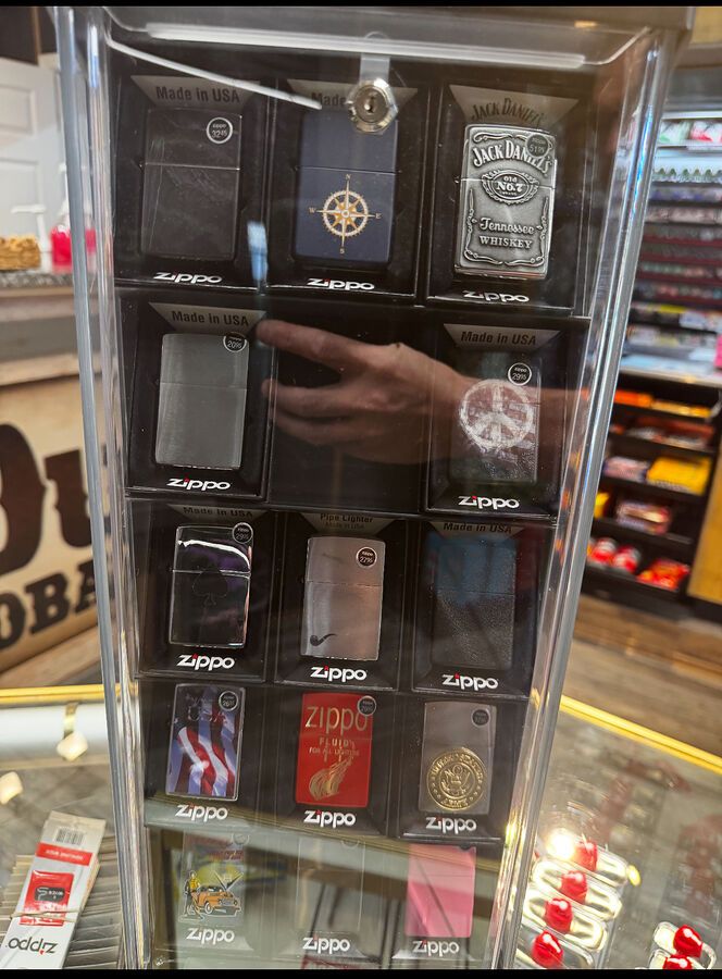 Display case of genuine Zippo lighters